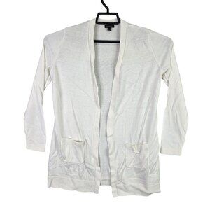 Womens Talbots White Open Front Long Cardigan Sweater Pockets Cashmere Blend S